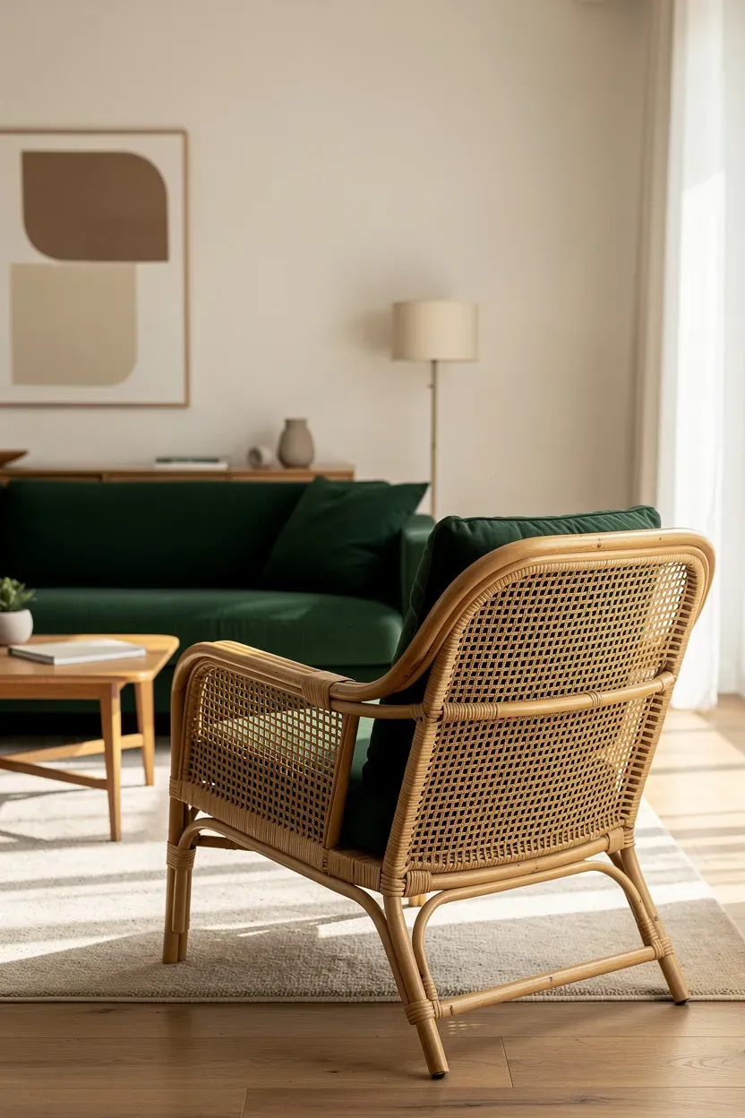 A rattan armchair positioned opposite a dark green sofa for natural contrast.