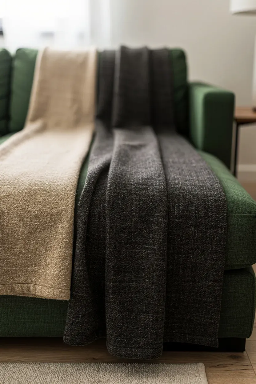 Layered beige and charcoal throws adding depth to a green sectional.