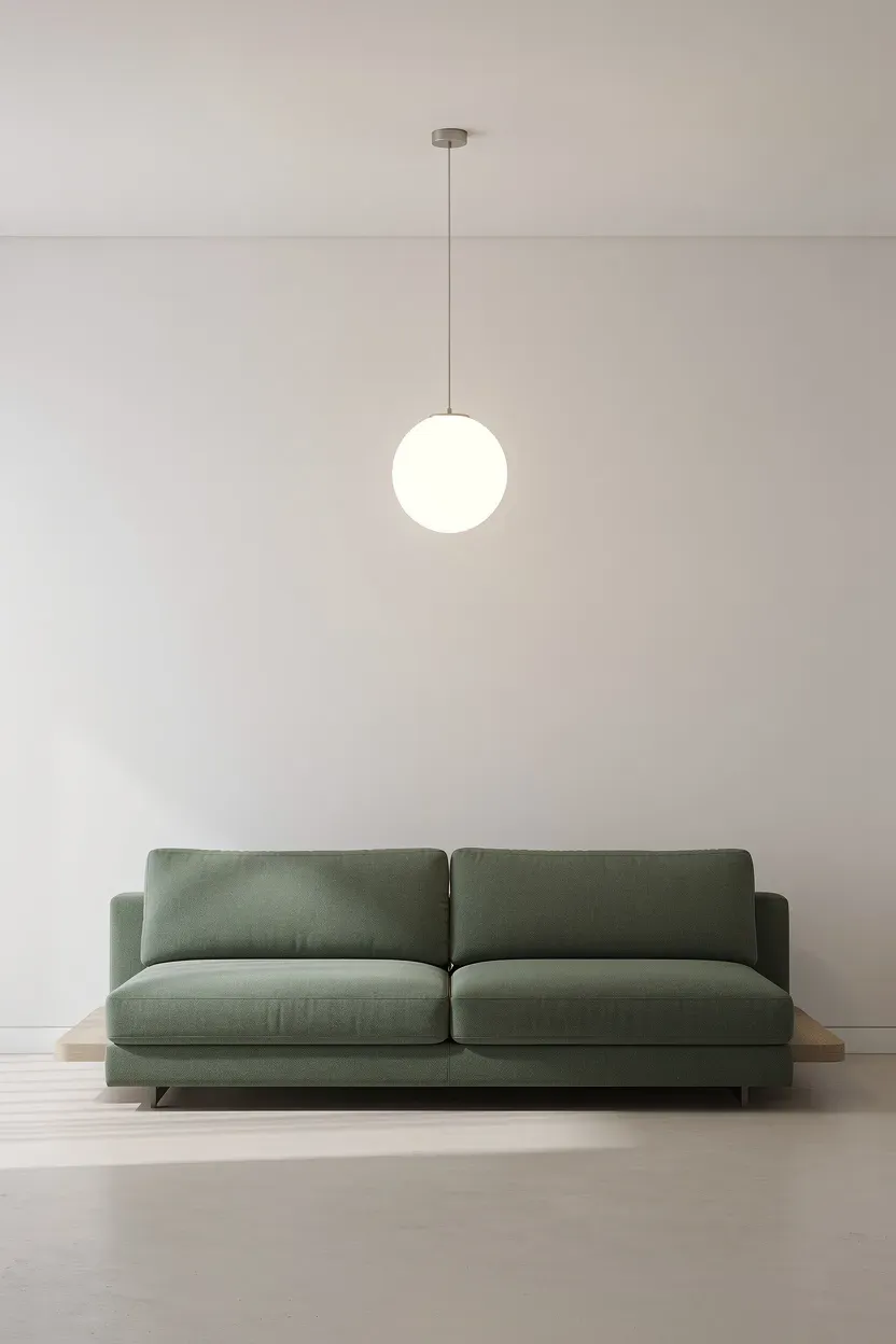 A glowing orb pendant hanging above a minimal green couch.