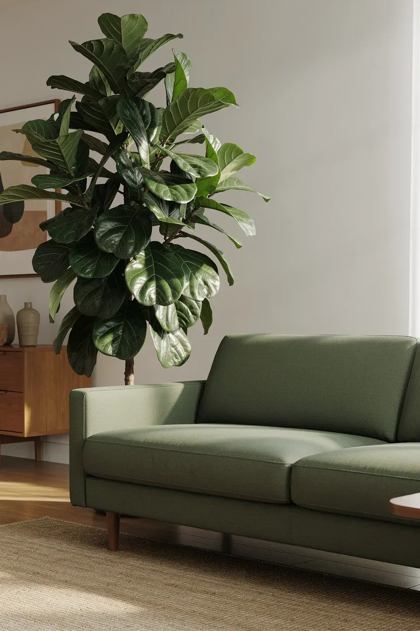 A tall indoor plant placed beside a green mid-century couch.