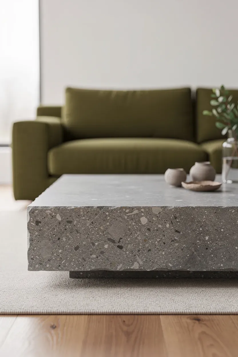 A textured stone coffee table positioned in front of an olive couch.