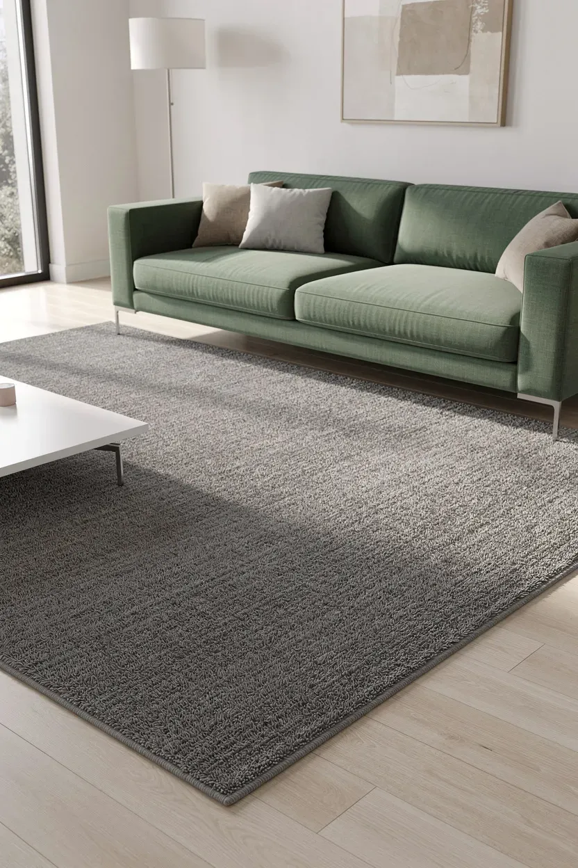 A soft grey rug beneath a modern green sofa in a minimalist living room.