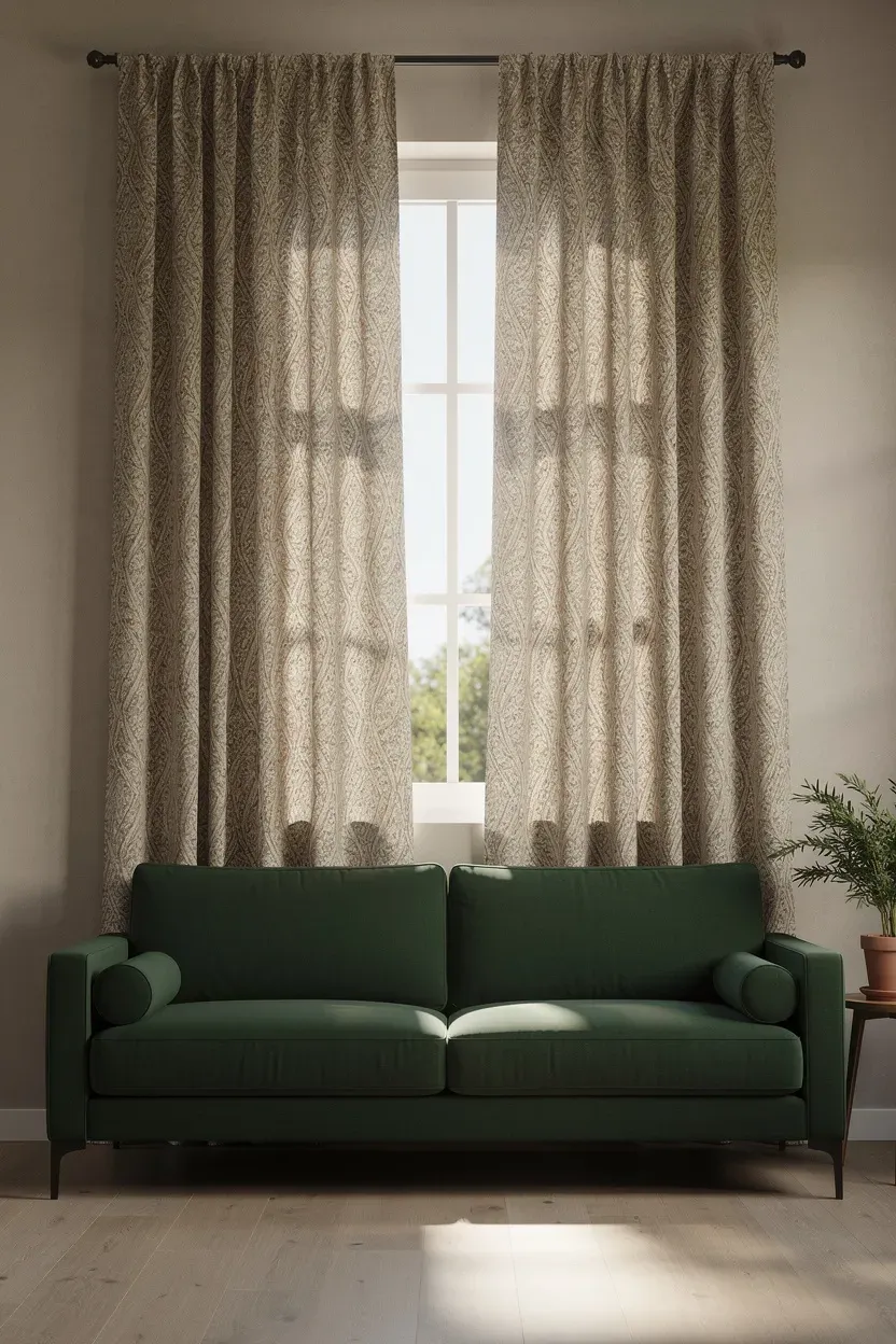 Earthy patterned curtains hanging beside a green couch.