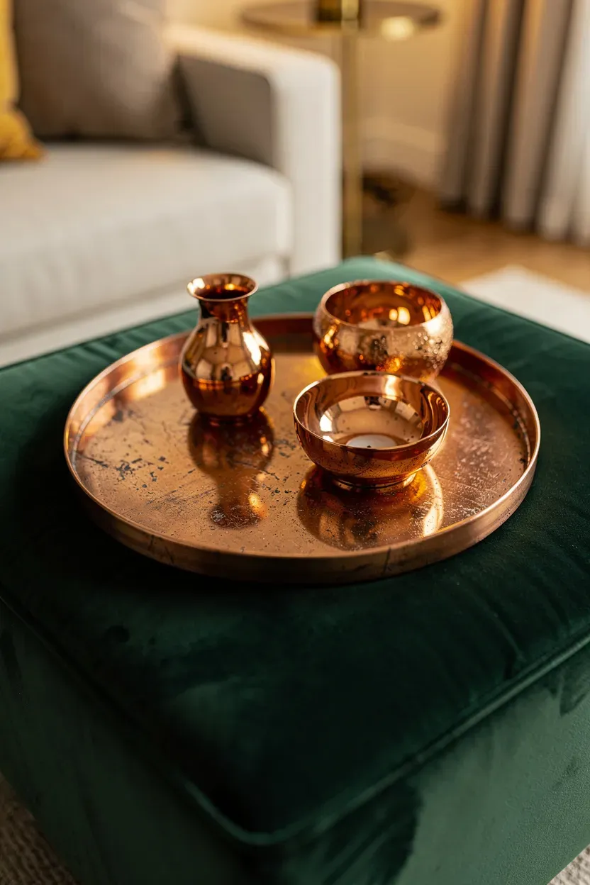 Copper accents styled on a tray atop a green sofa ottoman.