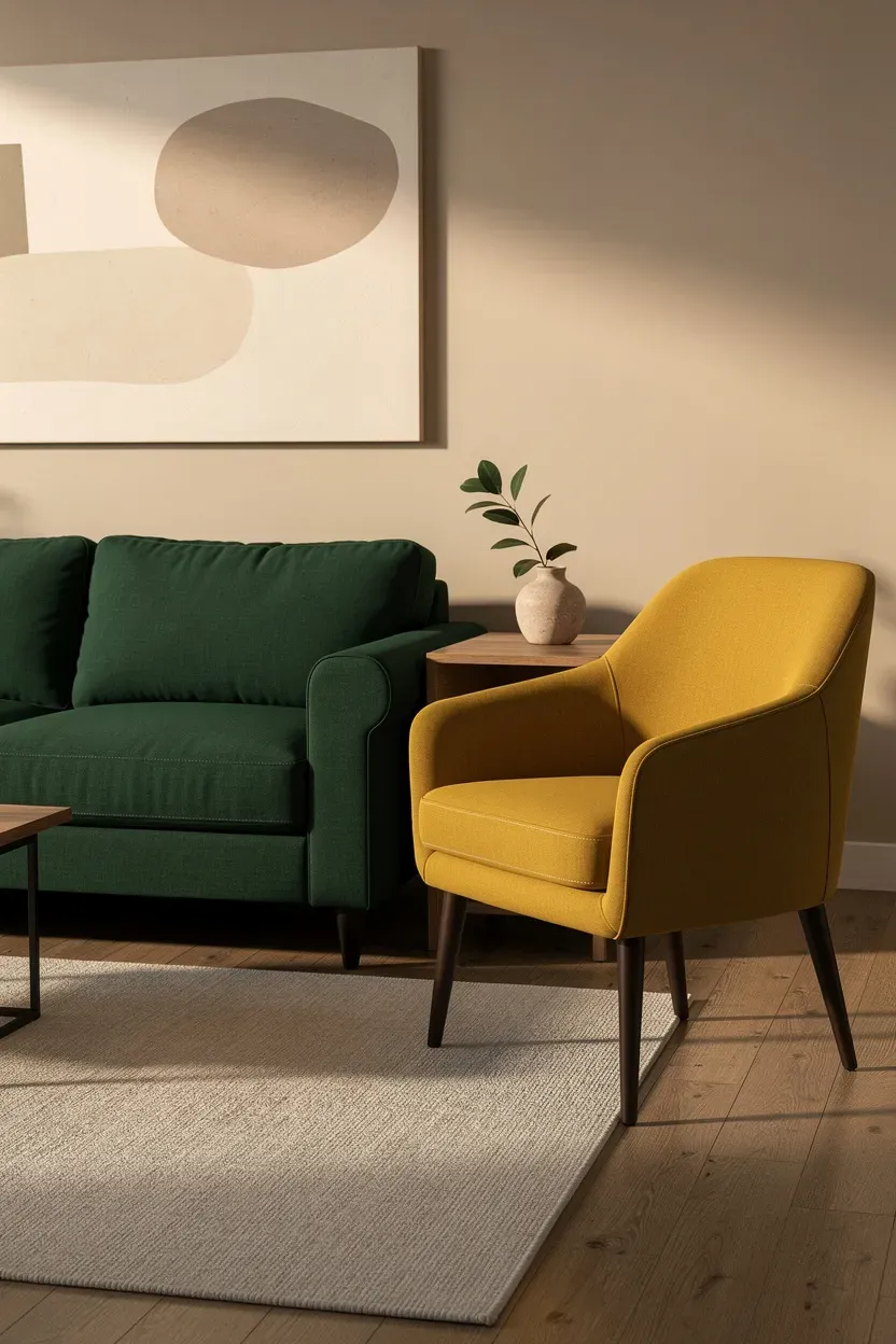 A muted mustard accent chair placed beside a forest green sofa.