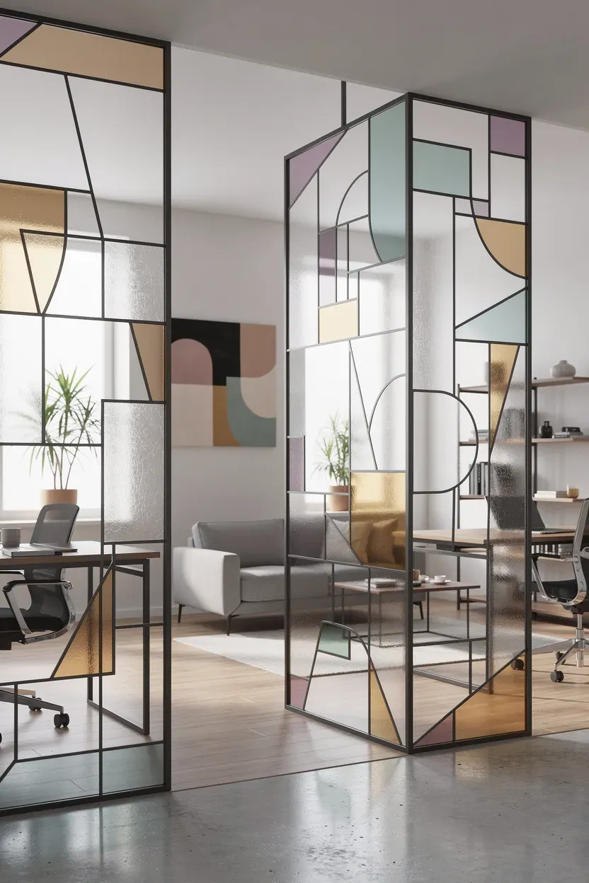 Contemporary geometric stained glass panels used as stylish room dividers.