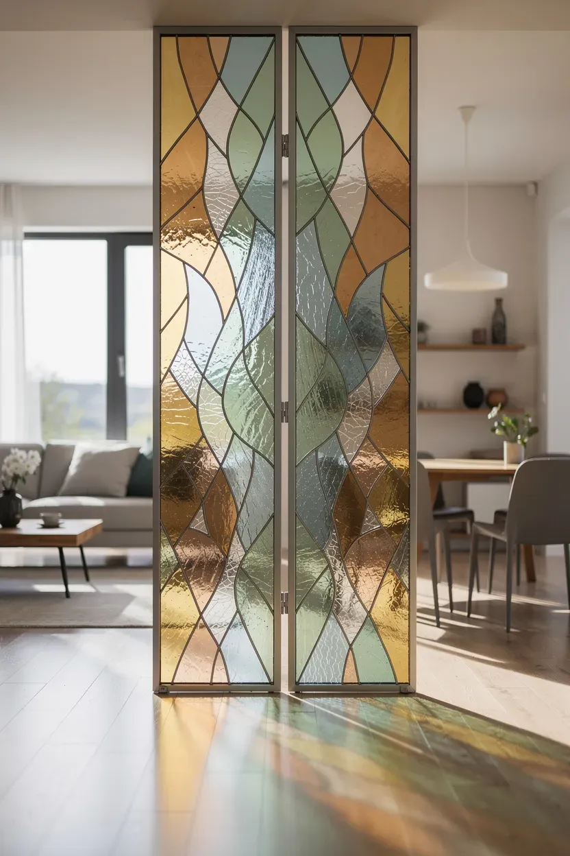 Stained glass room dividers elegantly separating spaces in an open-concept home.
