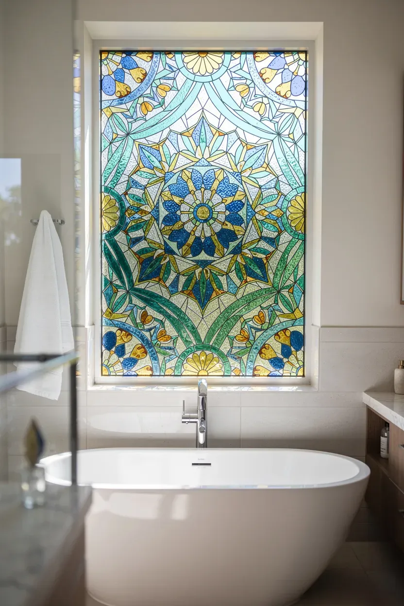 Vibrant stained glass bathroom window enhancing the space with colorful patterns.