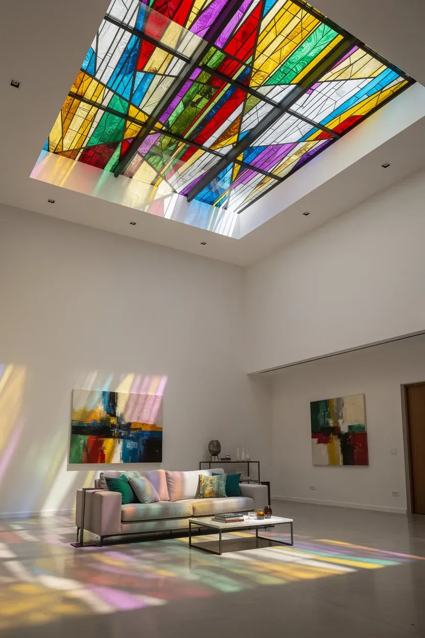 Contemporary stained glass skylights illuminating a room with colorful light.