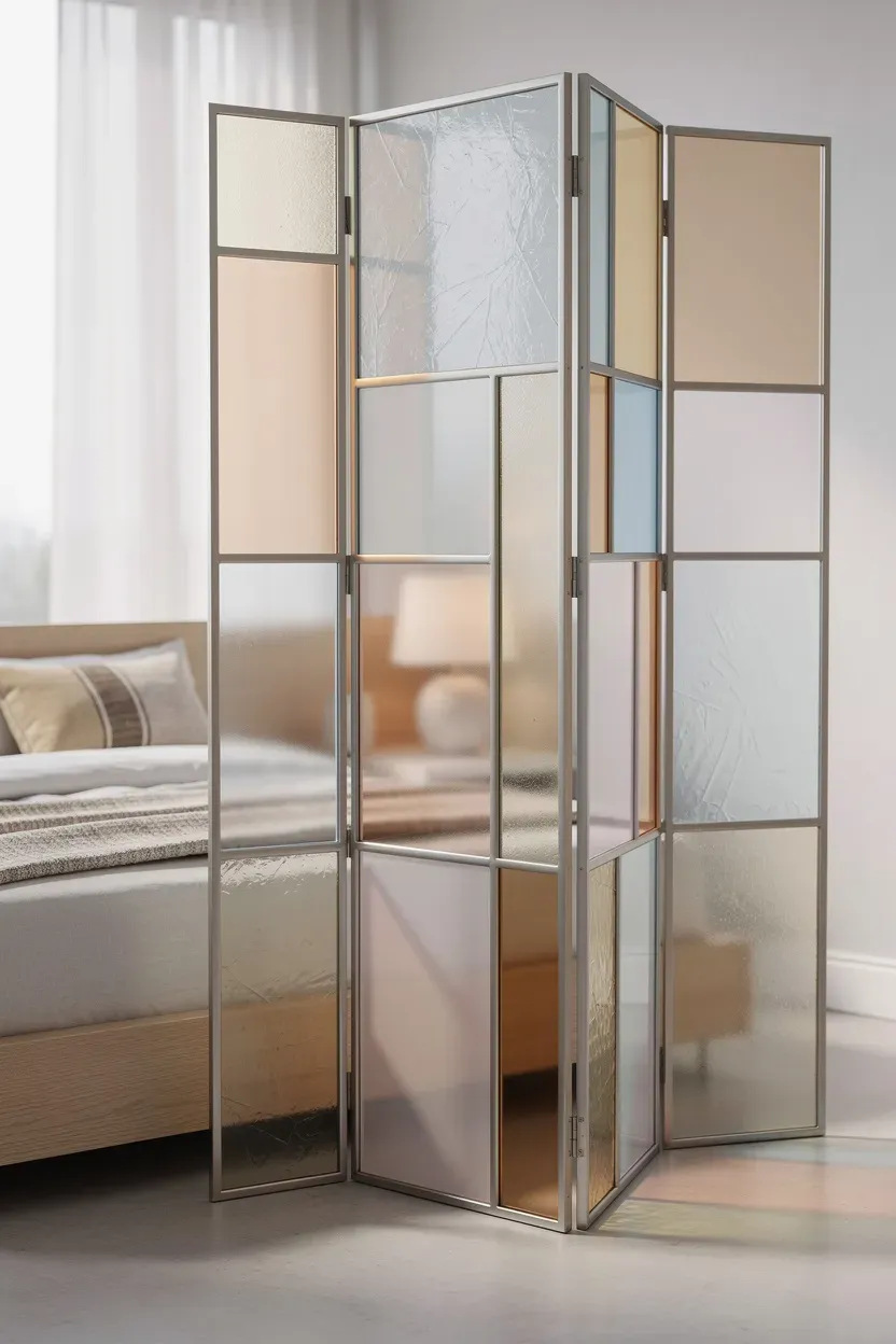 Stylish minimalist stained glass screens providing privacy in a bedroom.