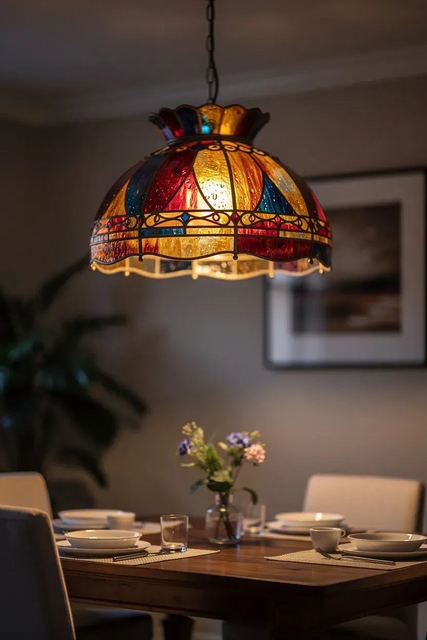Artistic stained glass light fixtures creating a warm ambiance.