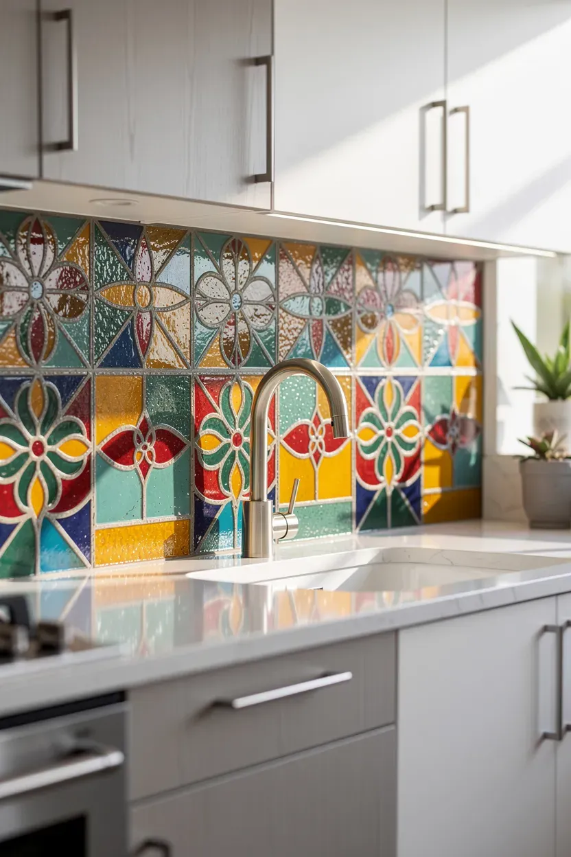 Retro stained glass kitchen backsplashes adding vibrancy to a modern kitchen.