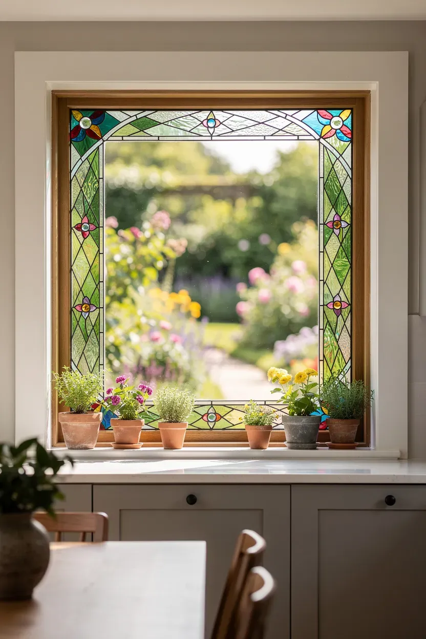 Creative stained glass garden windows framing a colorful outdoor view.