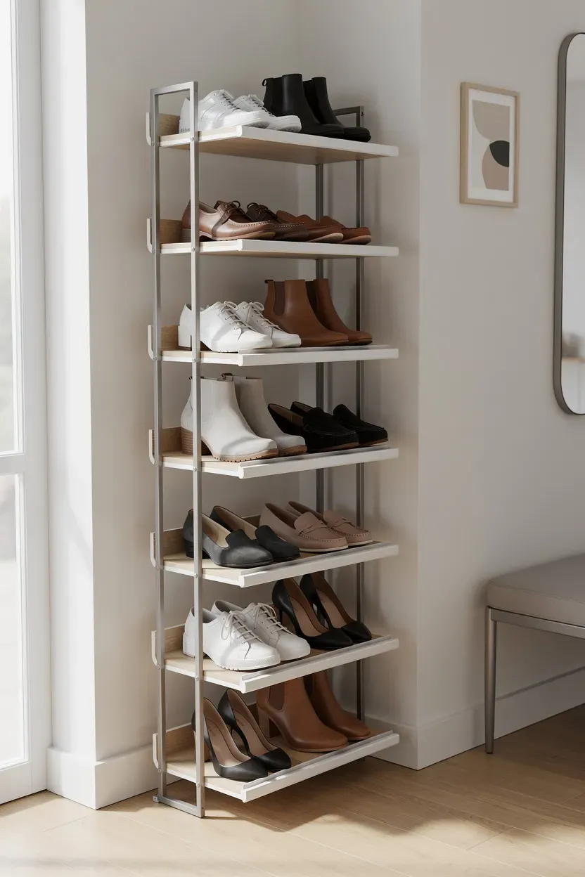 Modern vertical shoe rack in a stylish entryway with organized shoes.