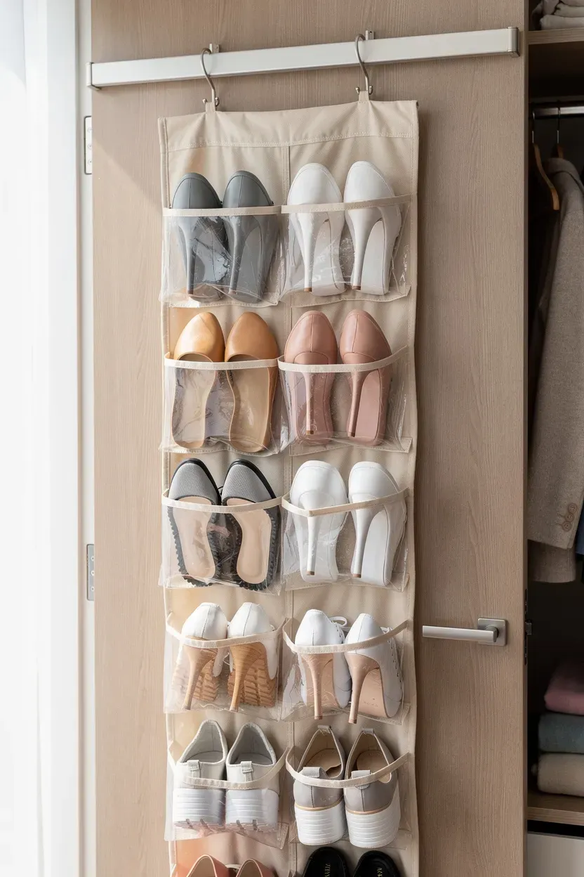 Over-the-door shoe organizer filled with various shoes in a closet.
