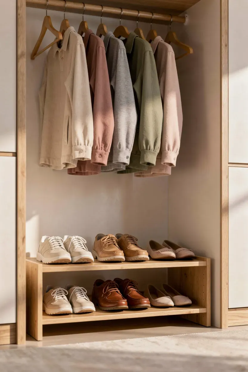 Wooden shoe shelf under hanging clothes in a well-organized closet.