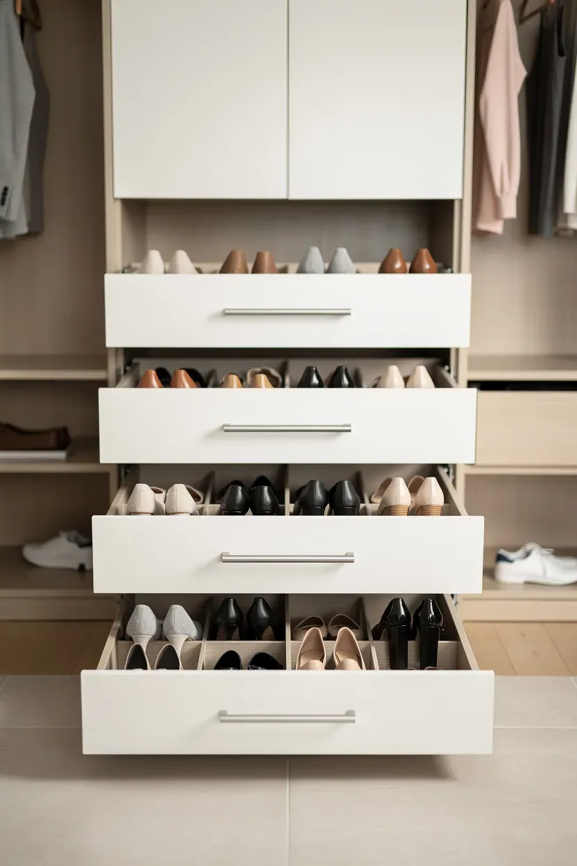 Sliding shoe drawers in a closet, showcasing organized shoes with dividers.
