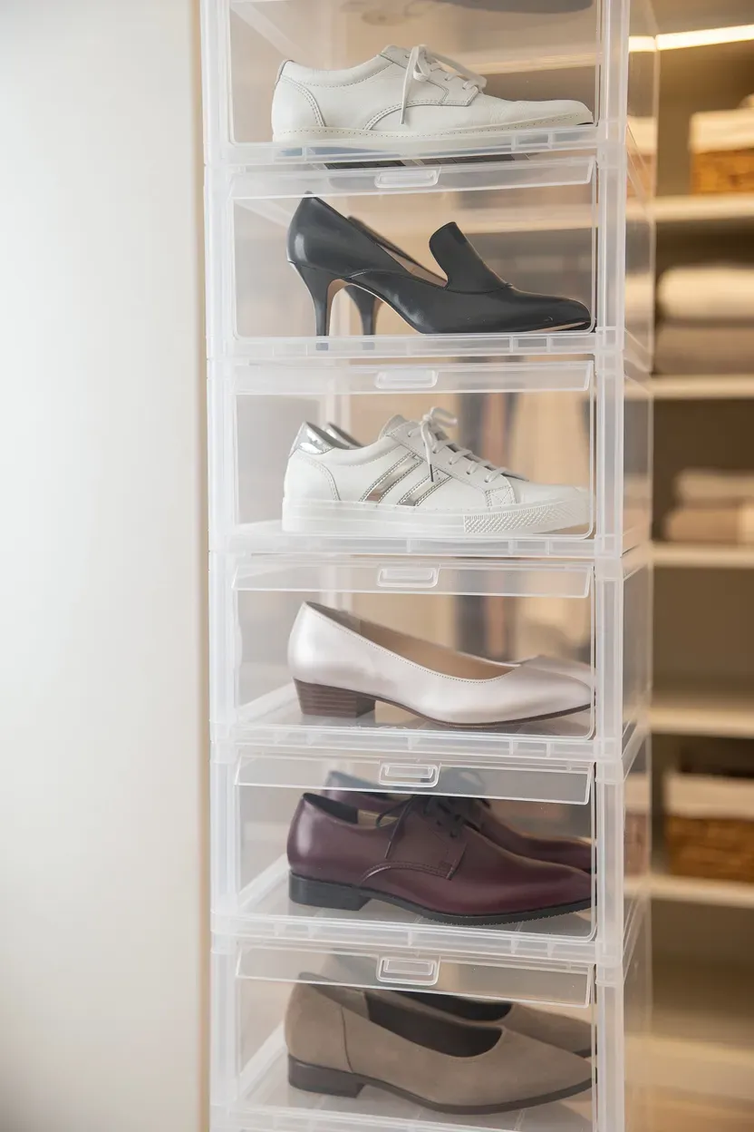 Stackable clear plastic shoe boxes arranged in a tidy closet.