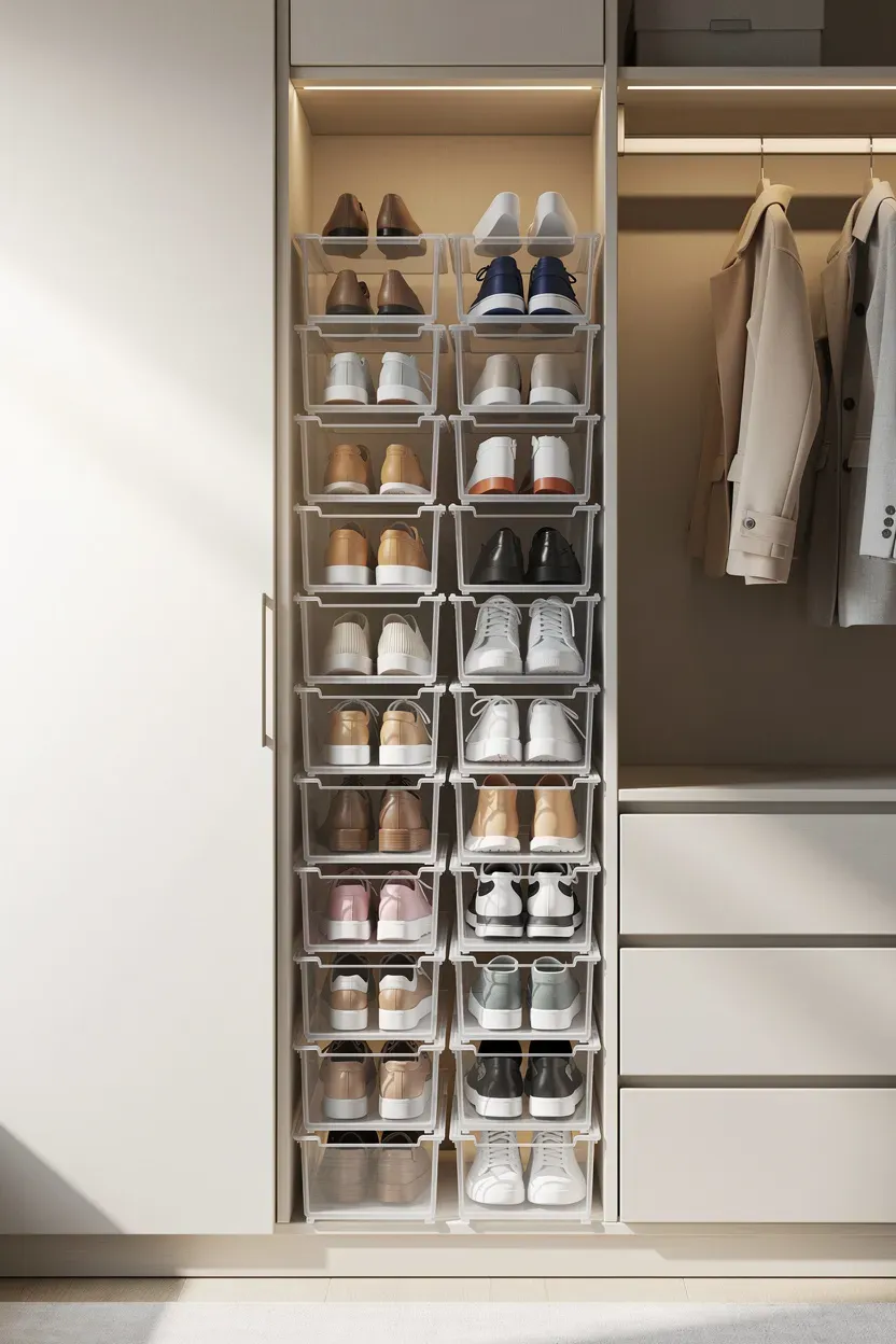 Stackable shoe bins arranged in a closet for organized storage.