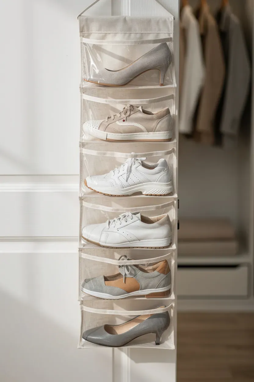 Hanging shoe organizer filled with various shoes in a tidy closet.