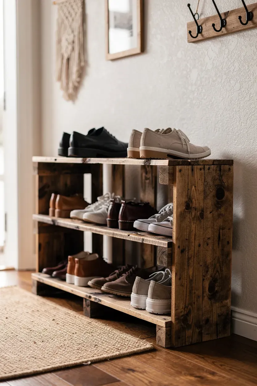Rustic DIY shoe rack made from wooden pallets in a cozy entryway.