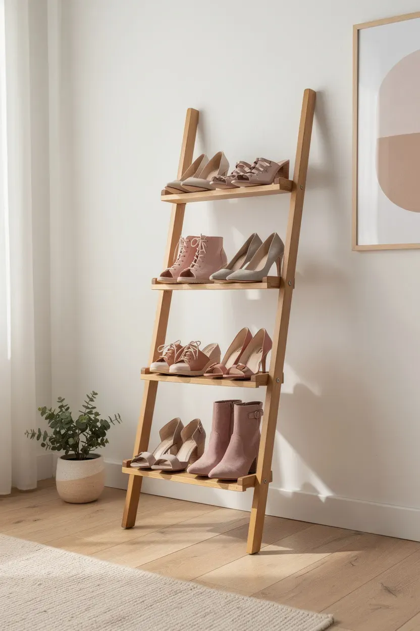 Stylish shoe ladder displaying shoes in a chic living space.