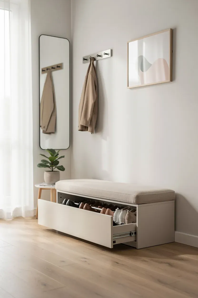 Stylish shoe storage bench in an entryway with hidden storage.