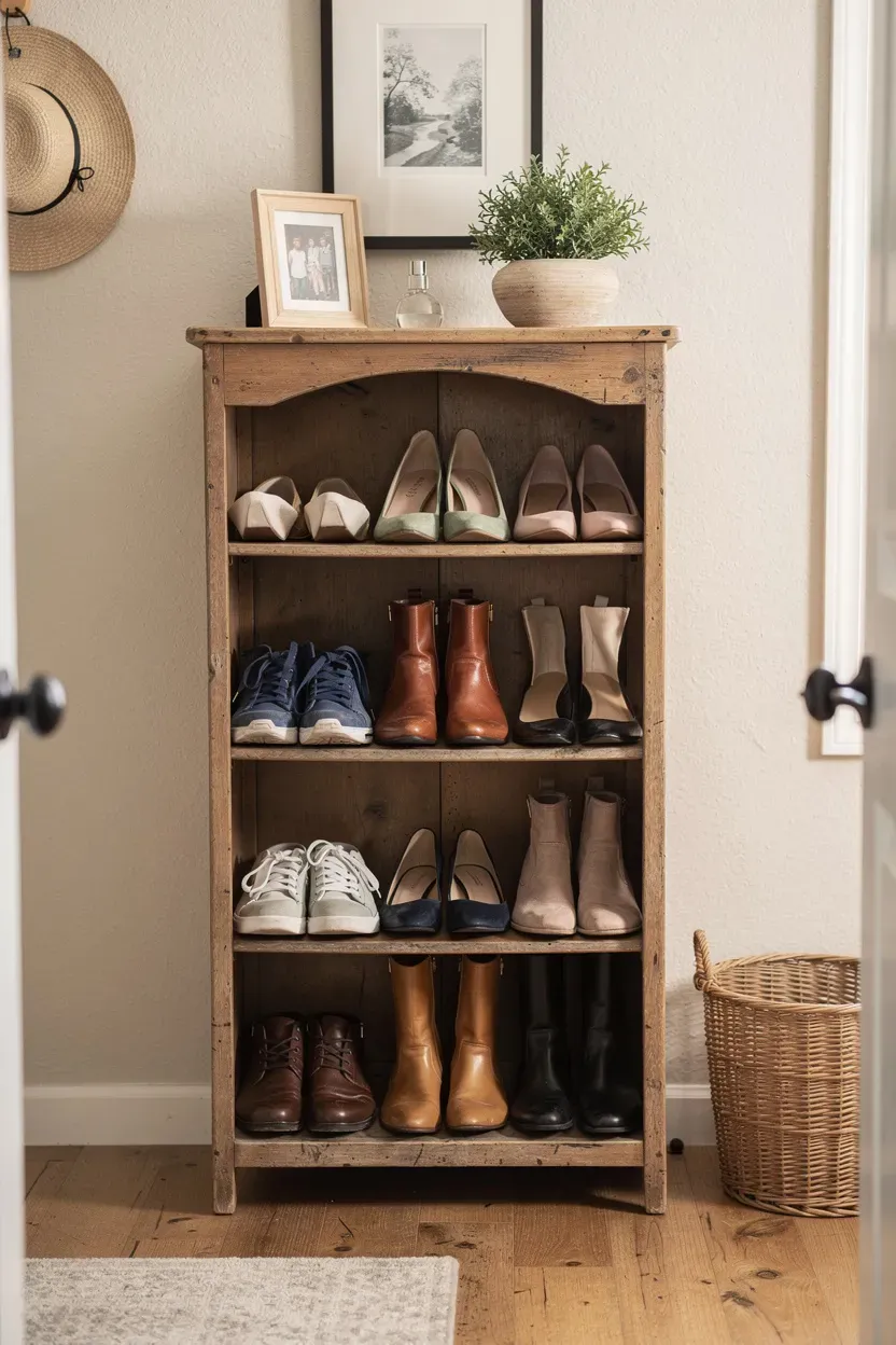 Repurposed bookshelf creatively used for shoe storage in a cozy closet.