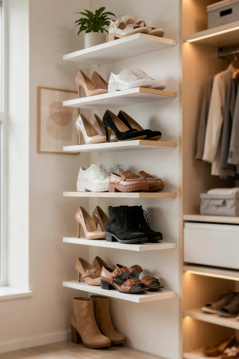 Stylish wall-mounted shoe shelves displaying various shoes in a closet.