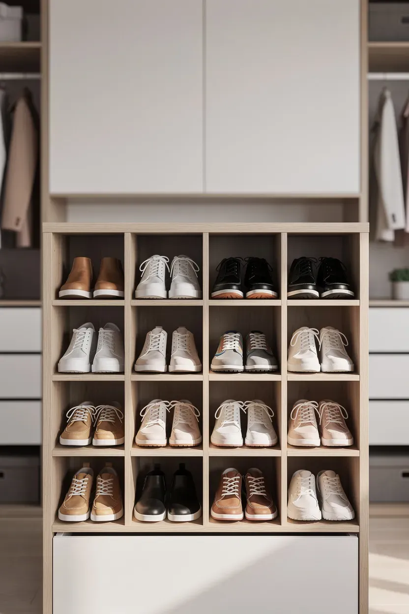 Custom-built shoe cubby in a closet showcasing neatly arranged shoes.