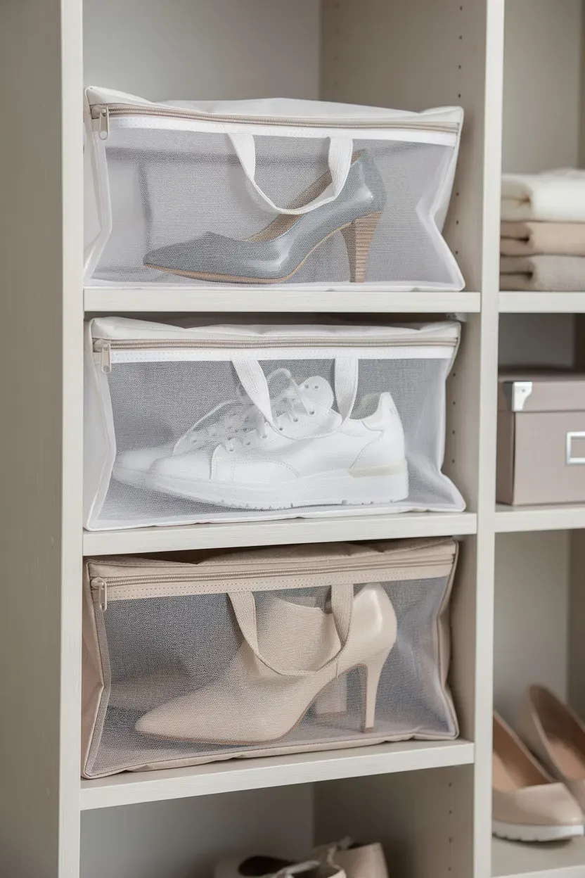 Breathable fabric shoe storage bags neatly arranged in a closet.