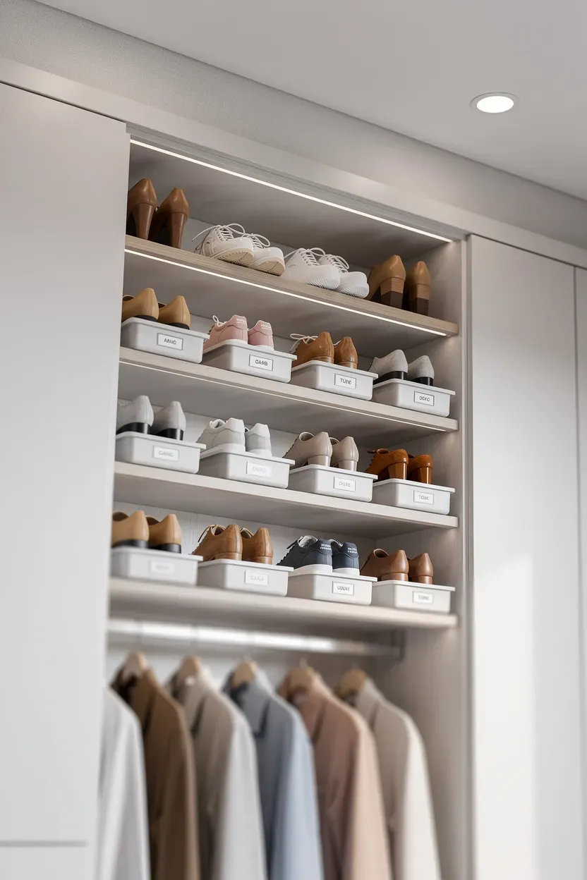 Overhead shoe storage utilizing shelves and bins in a modern closet.