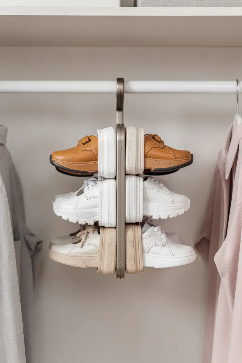 Compact shoe hangers displaying multiple pairs of shoes in a closet.