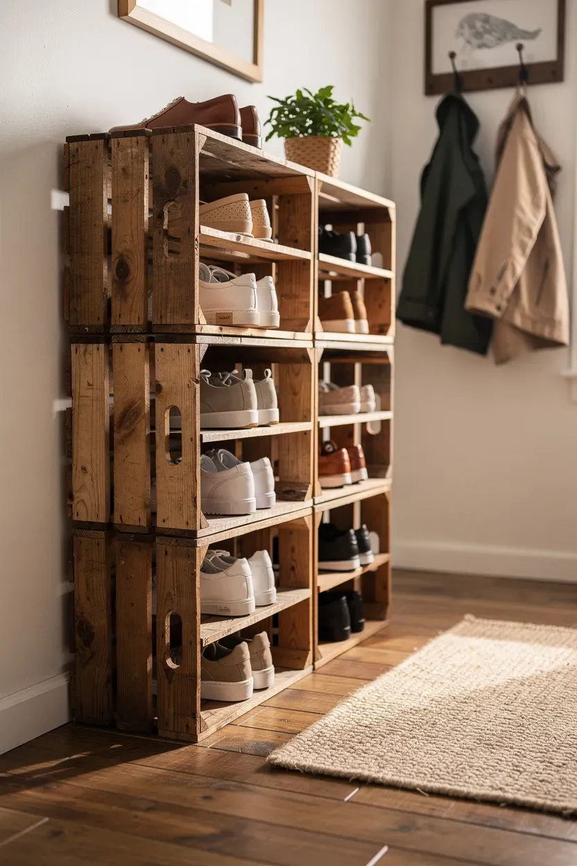 Custom shoe cubbies made from wooden crates in a rustic entryway.