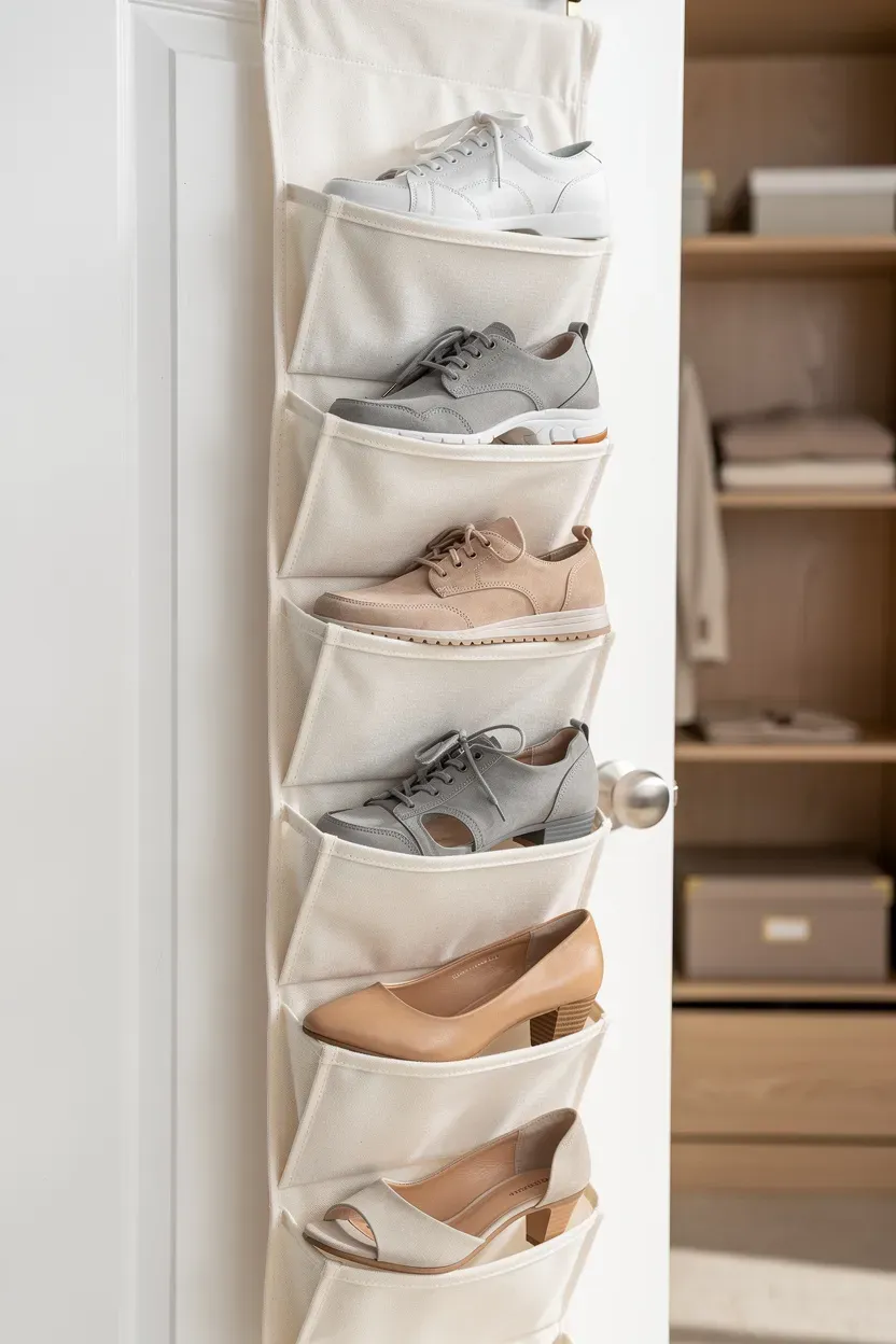 DIY hanging canvas shoe organizer with pockets in a tidy closet.