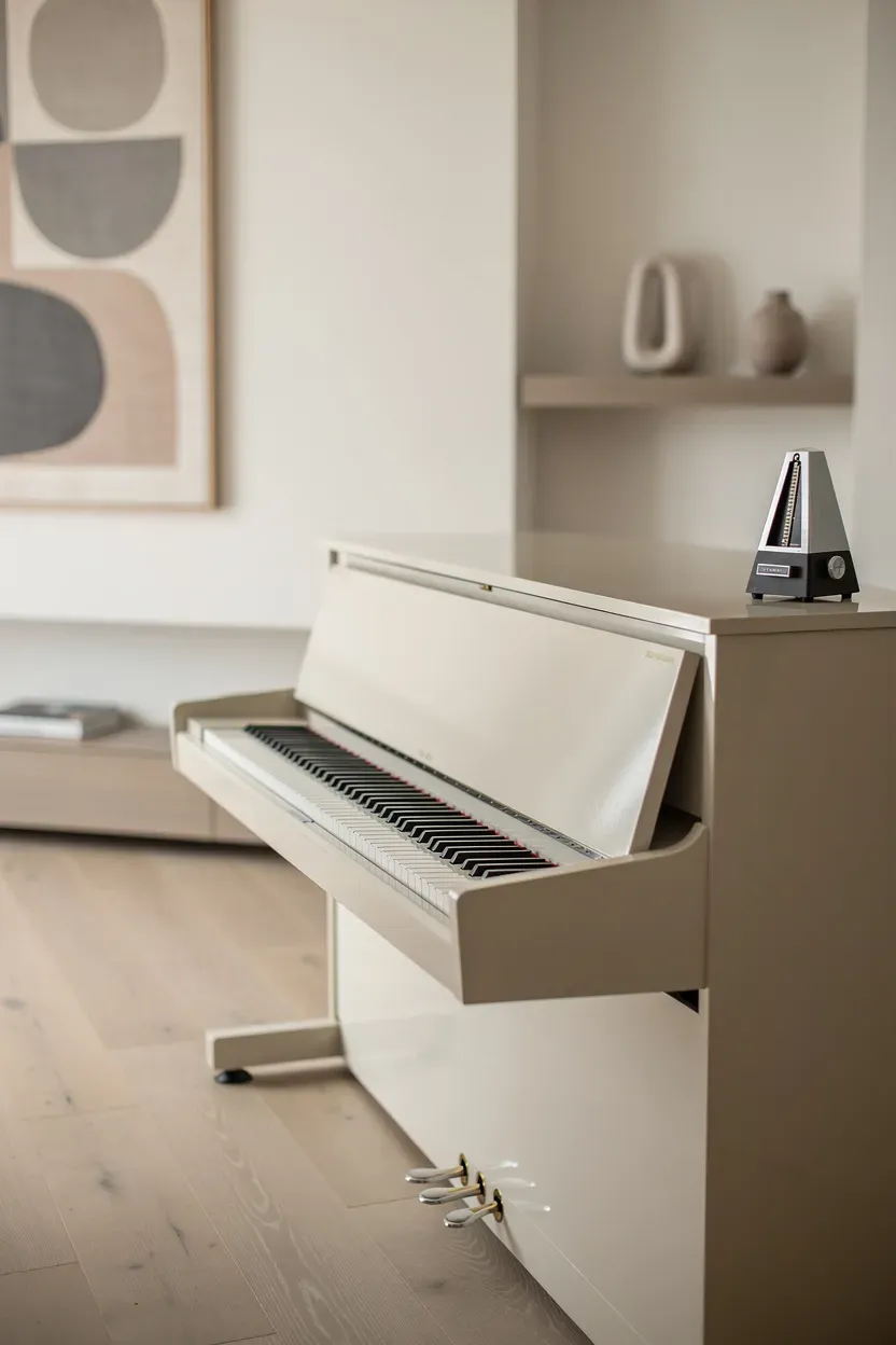 A modern minimalist piano area with a sleek piano and minimal decor.