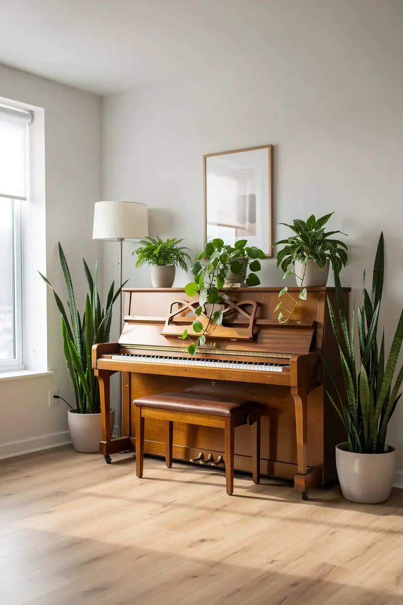 A piano area enhanced with various plants for a natural feel.