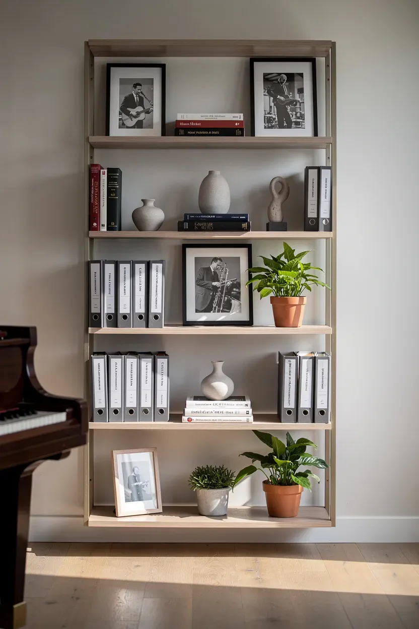 Stylish shelving displaying musical scores and decorative items in a piano area.