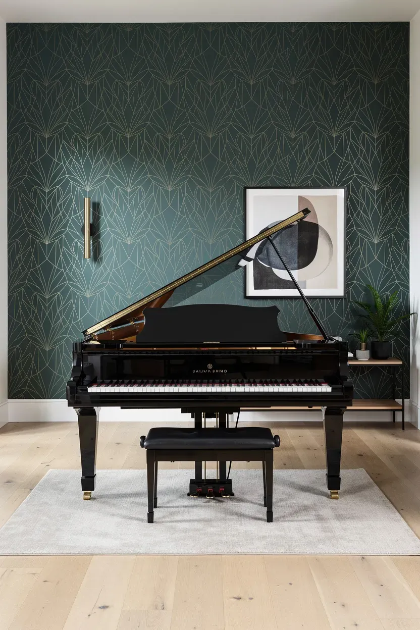A stunning accent wall behind a piano enhancing its presence in the room.