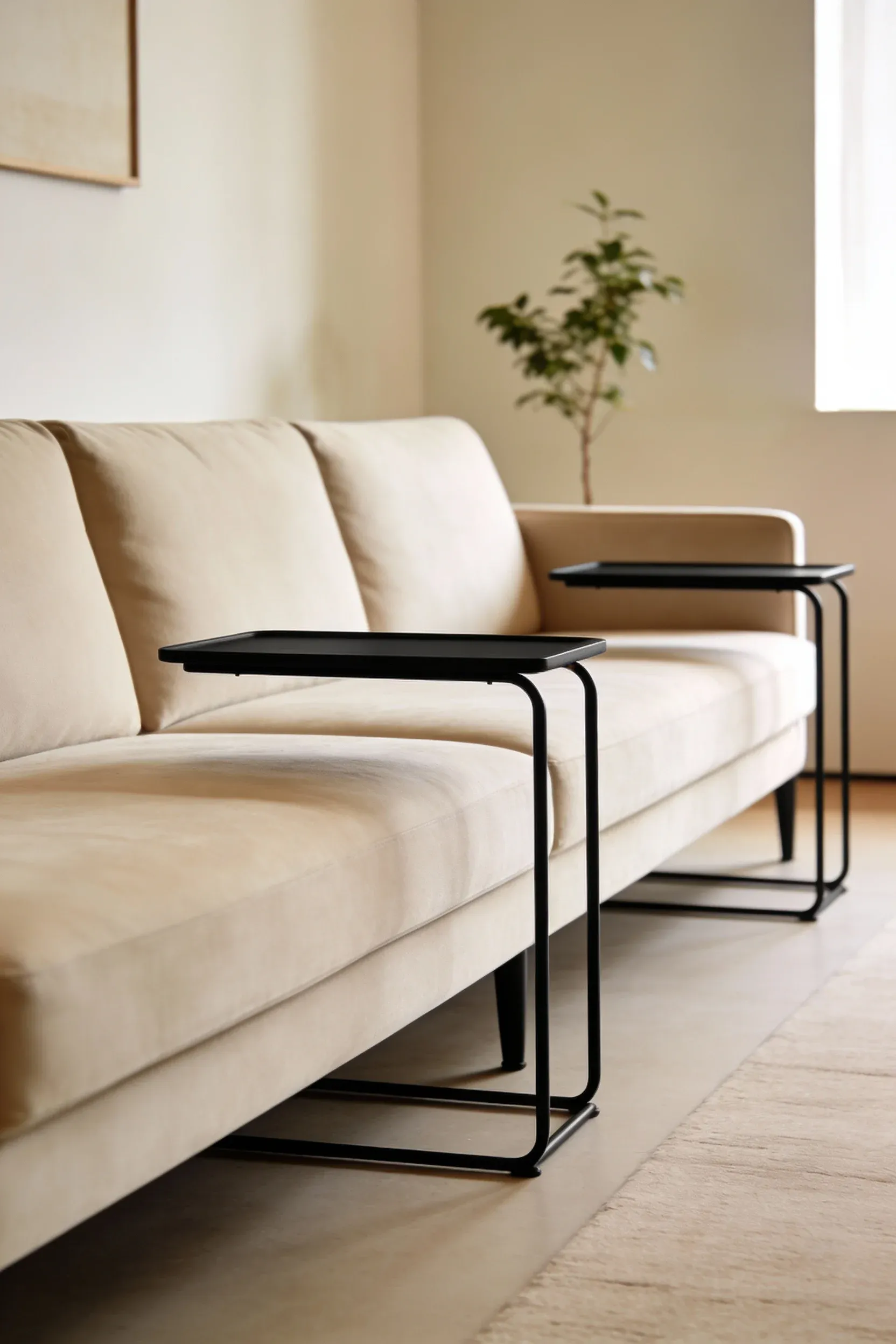 Beige sofa with thin black metal side tables in a soft neutral living room.