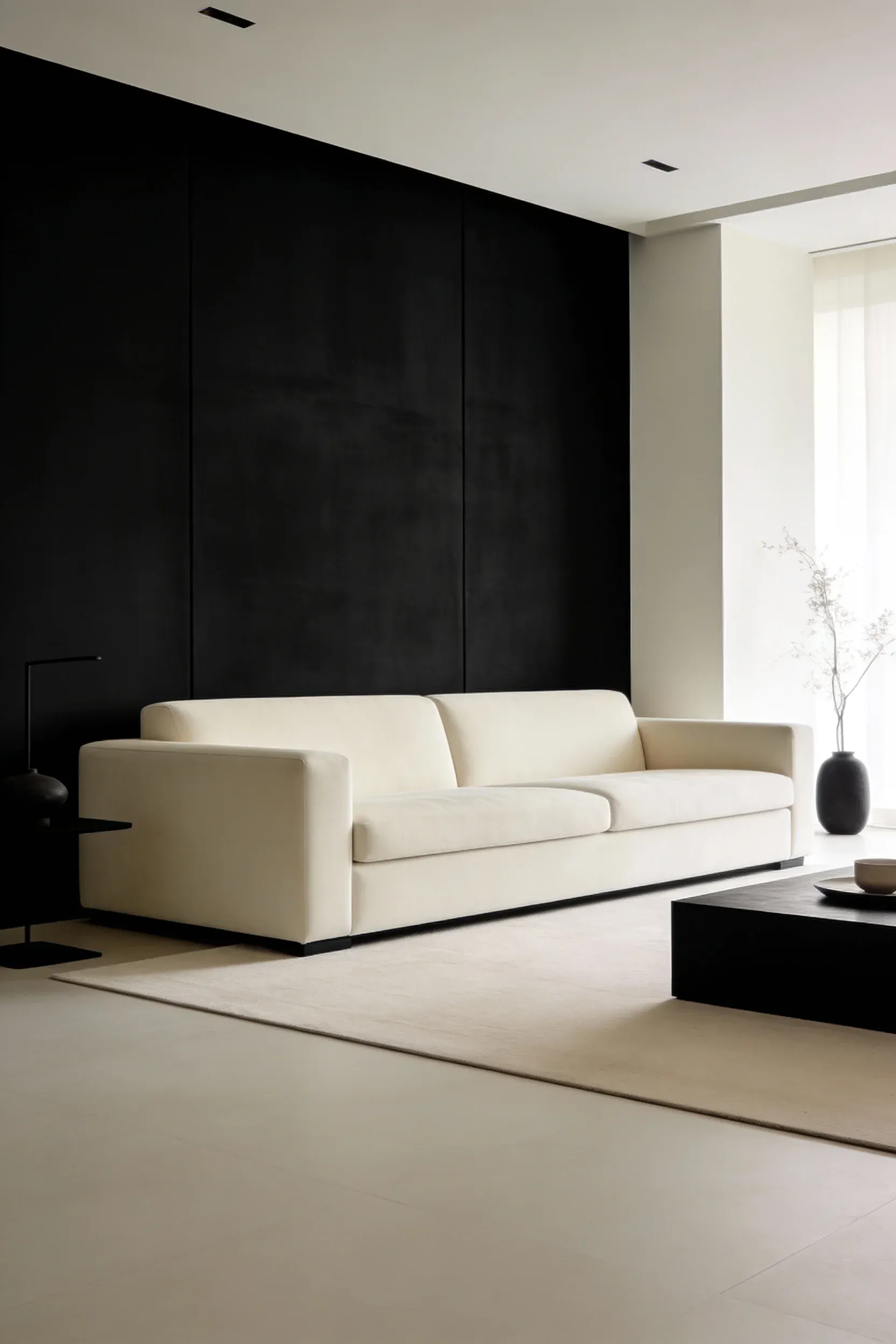 Cream sectional sofa set in front of a matte black accent wall with minimal décor.