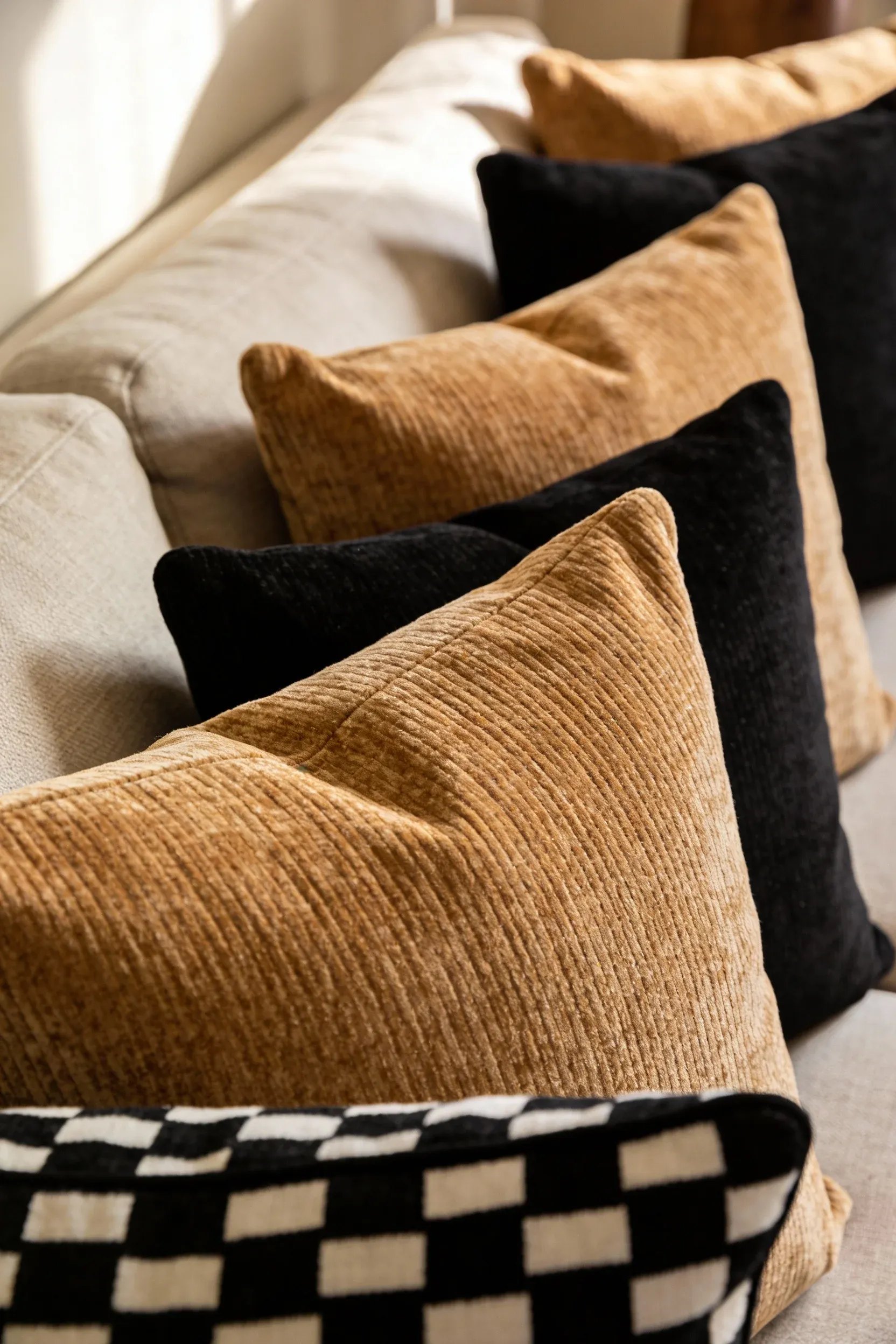 Tan and black throw pillows arranged on a neutral couch in a calm living room.