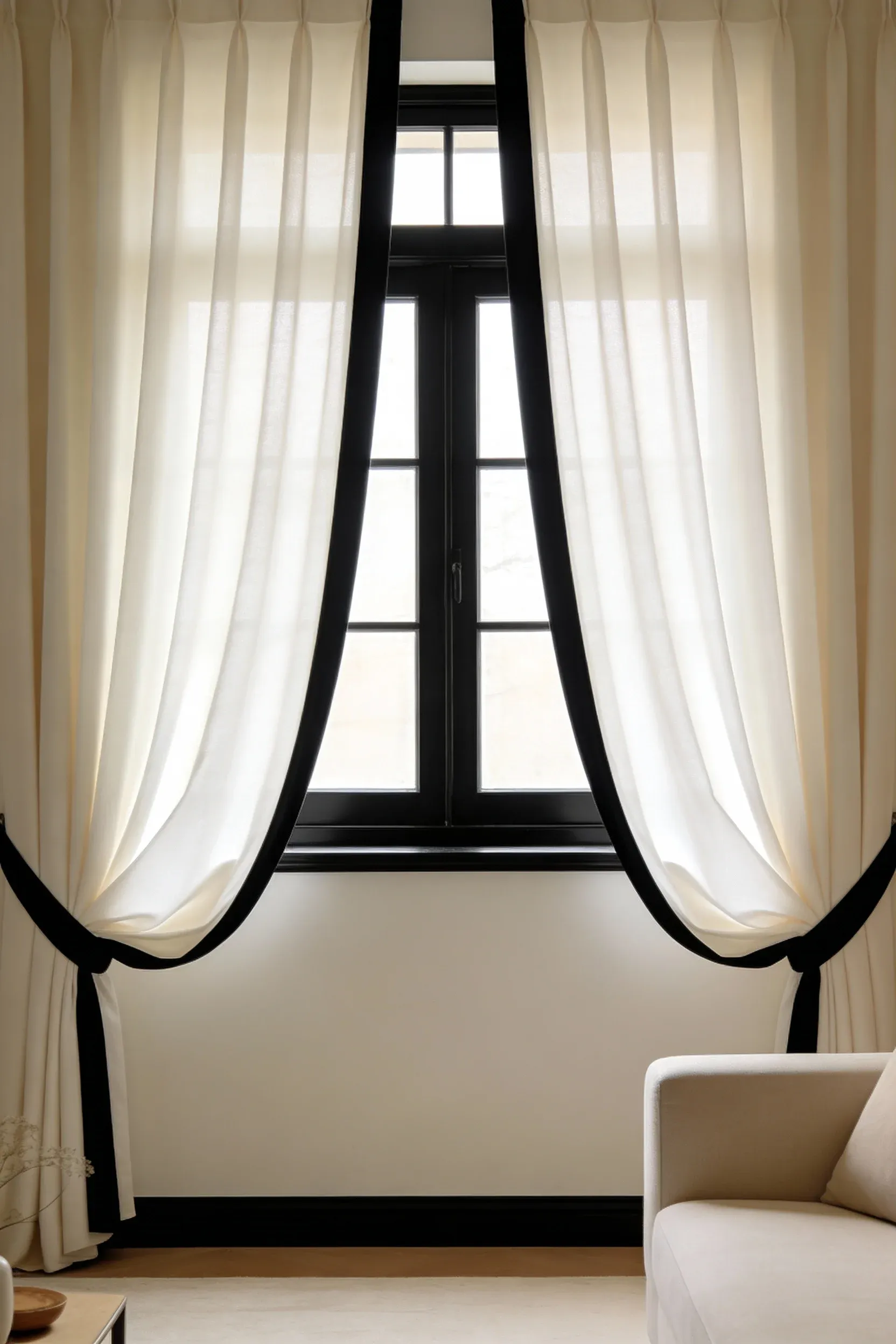 Cream curtains draped around black window trim in a bright neutral room.