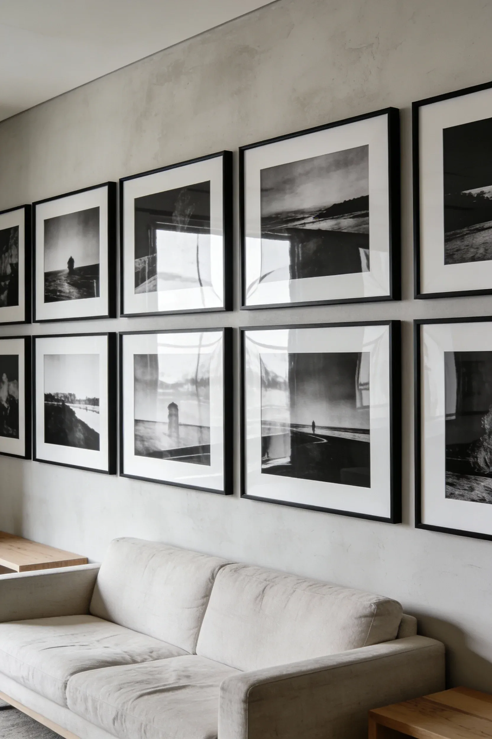 Black and white photography in simple black frames hung on neutral living room walls.