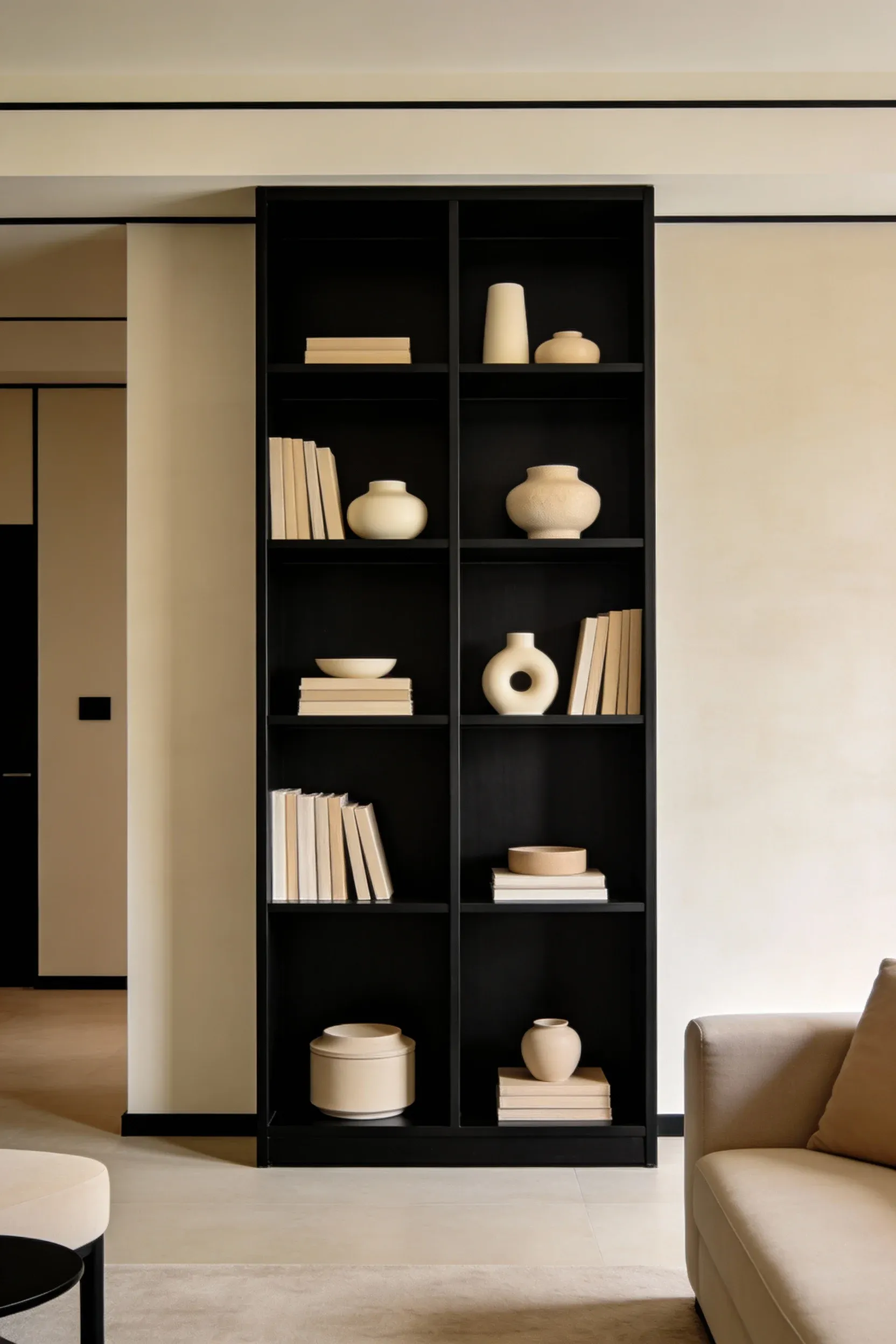 Black bookshelf arranged with cream and beige accessories in a neutral space.