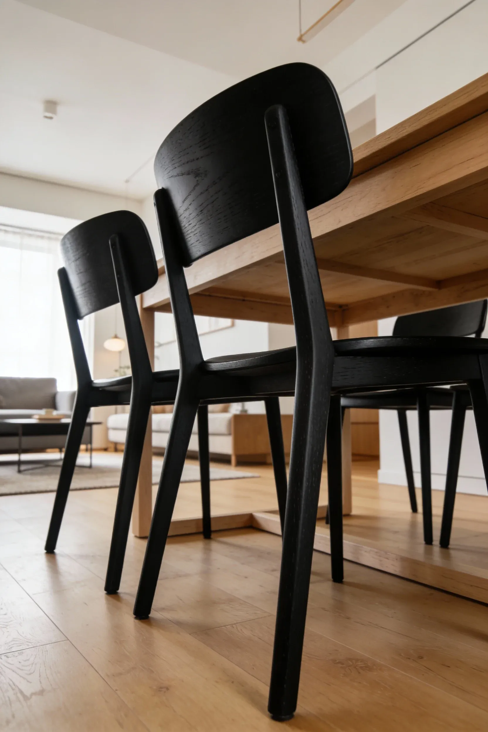 Black dining chairs arranged around a light wood table in a modern dining area.
