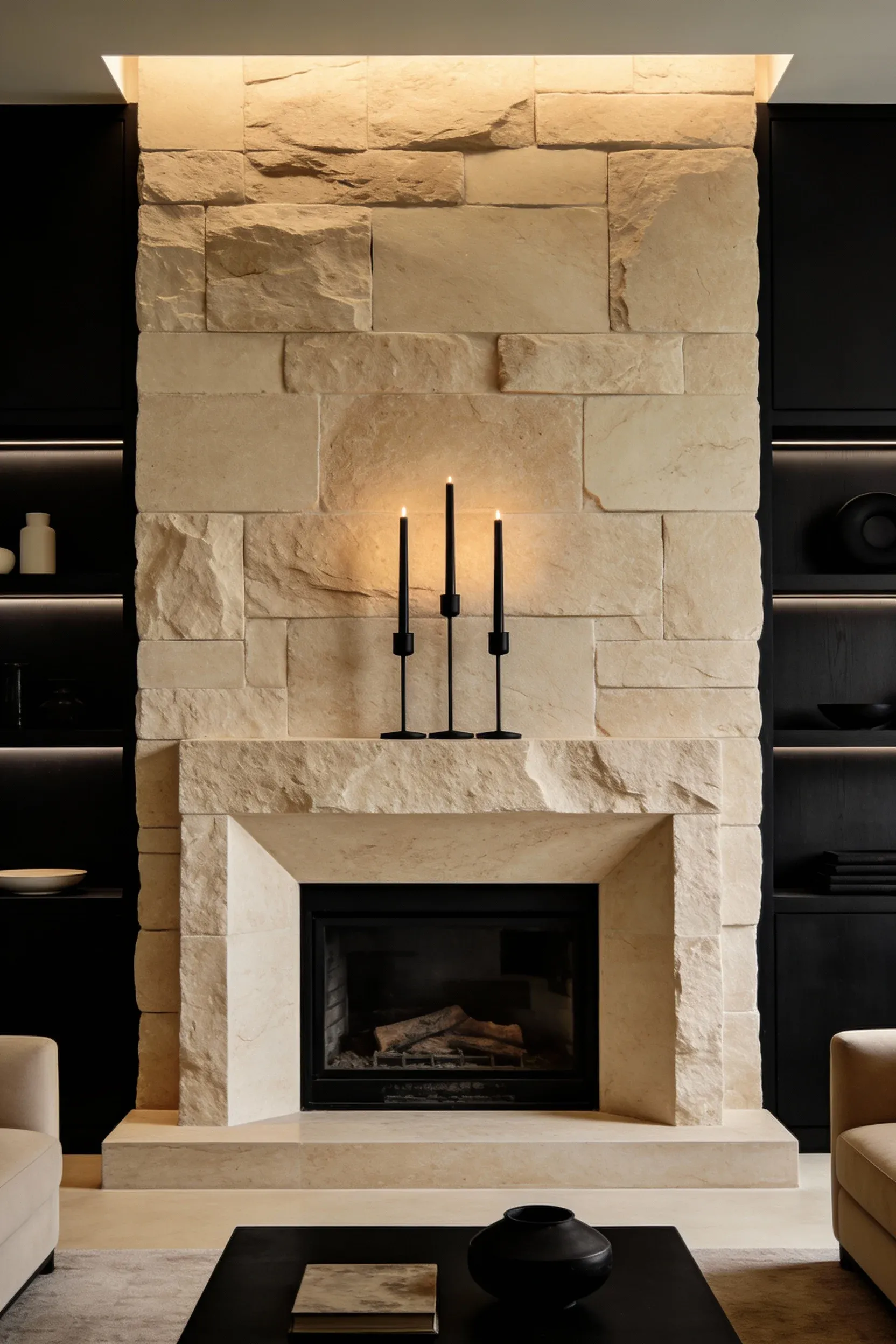 Beige stone fireplace decorated with black candle holders in a modern living room.