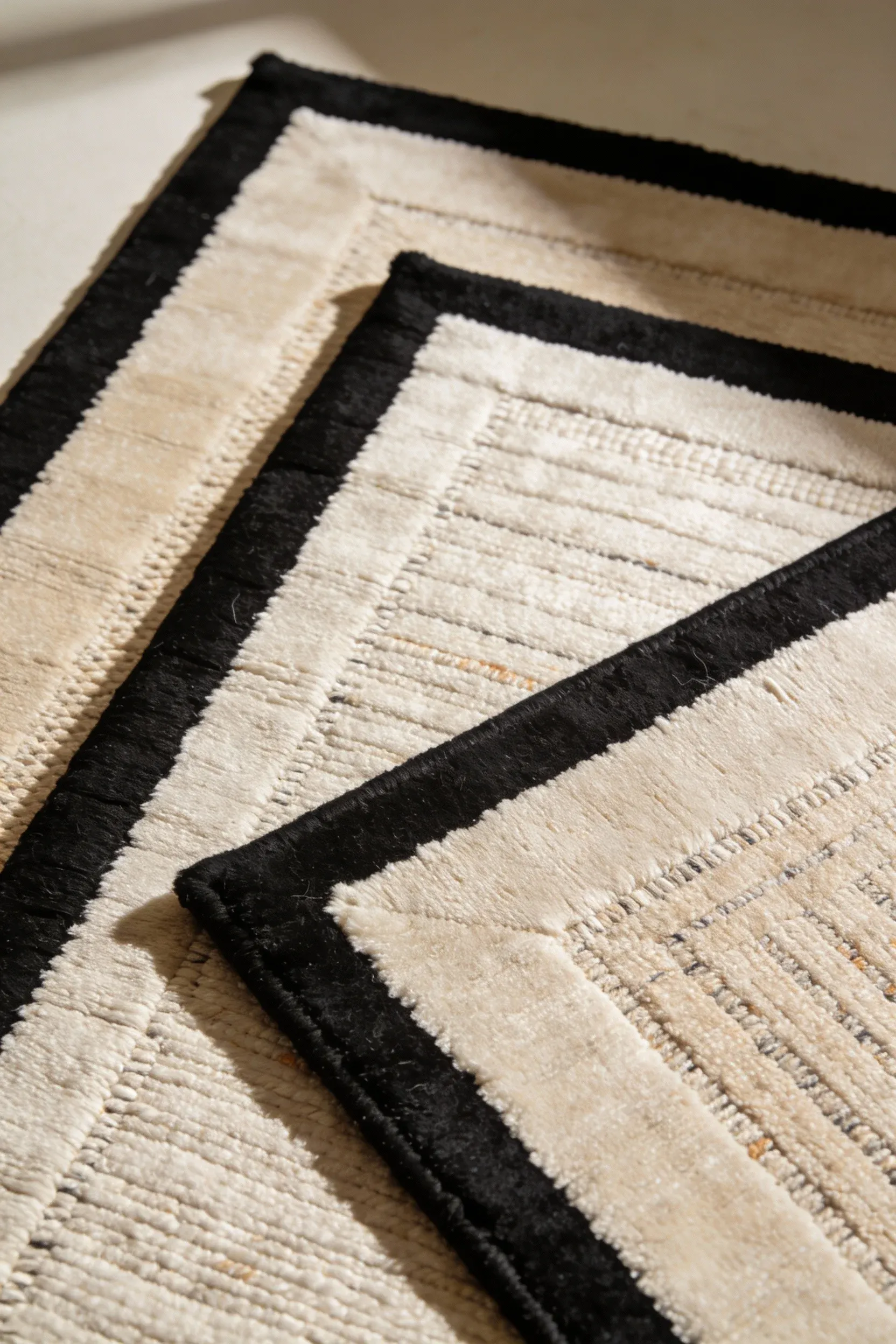 Layered neutral rugs featuring a clean black border detail in a soft living space.