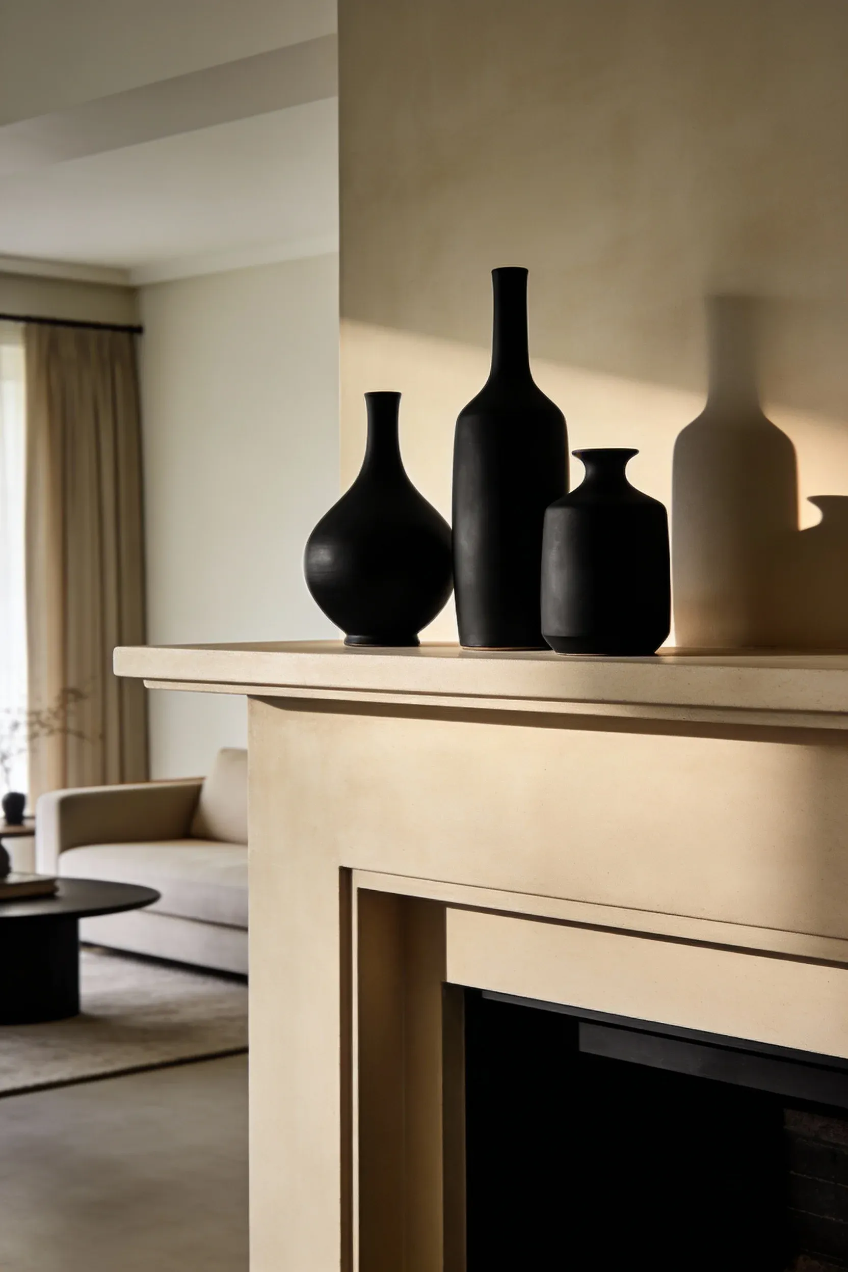 Black ceramic vases displayed on a beige mantel in a minimal neutral room.