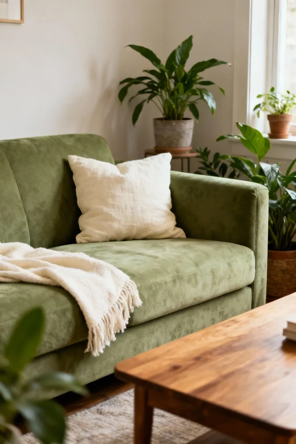 A sage green sofa with cream pillows in a cozy living room.